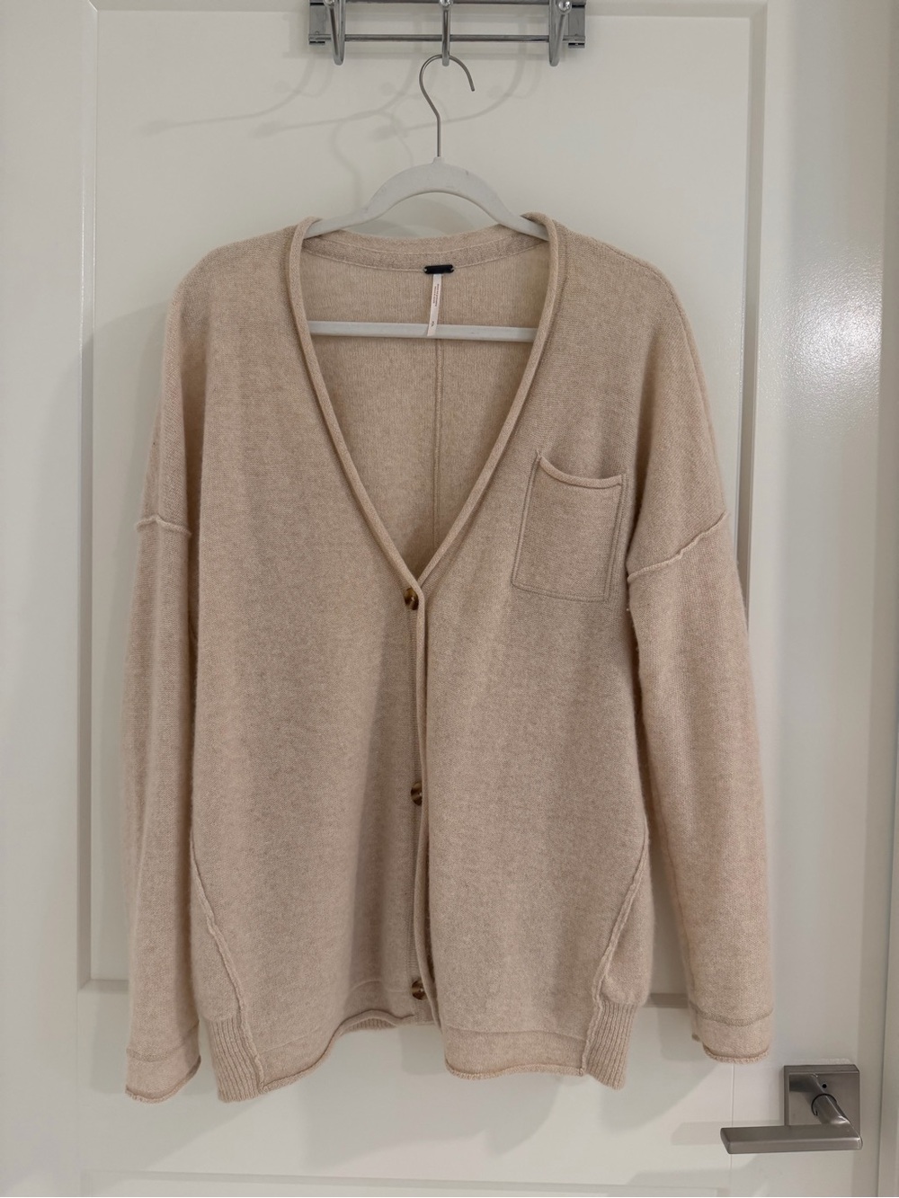 Free People - 100% Cashmere Beige V‑Neck Button Cardigan Sweater